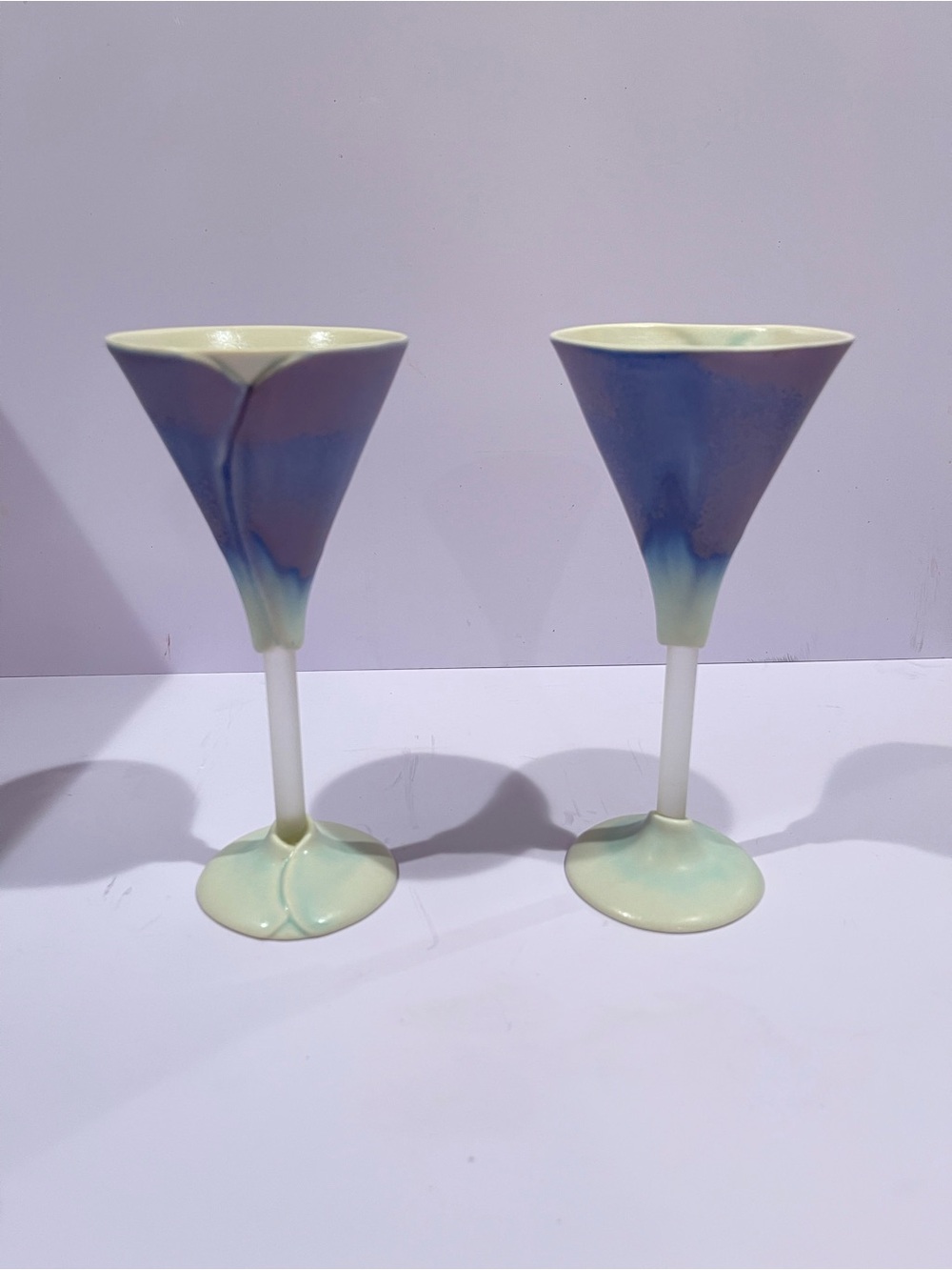 Pair of Newman Ceramic Works White Calla Lily Wine Goblets Glasses 7.5" Signed
